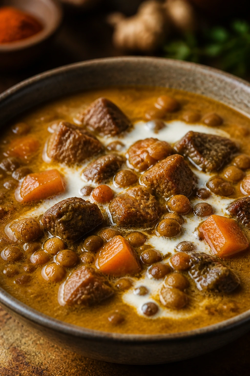 Curried beef and lentil stew with beef chunks and lentils in curry broth