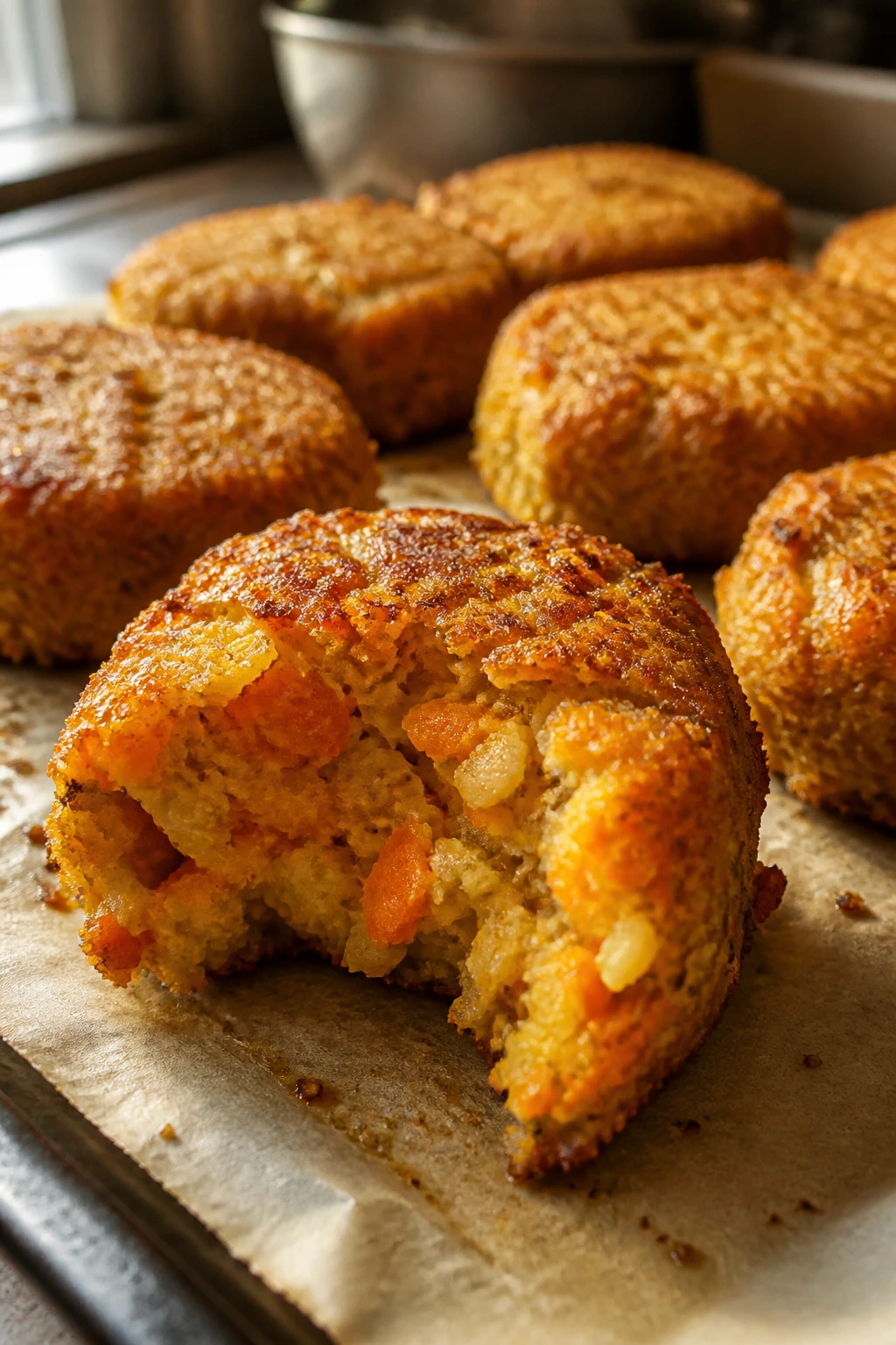 Close-up of curried carrot cauliflower veggie nugget on parchment in kitchen