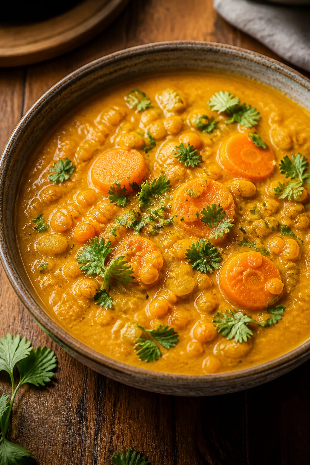 Curried carrot lentil soup in a bowl with carrot and lentil texture