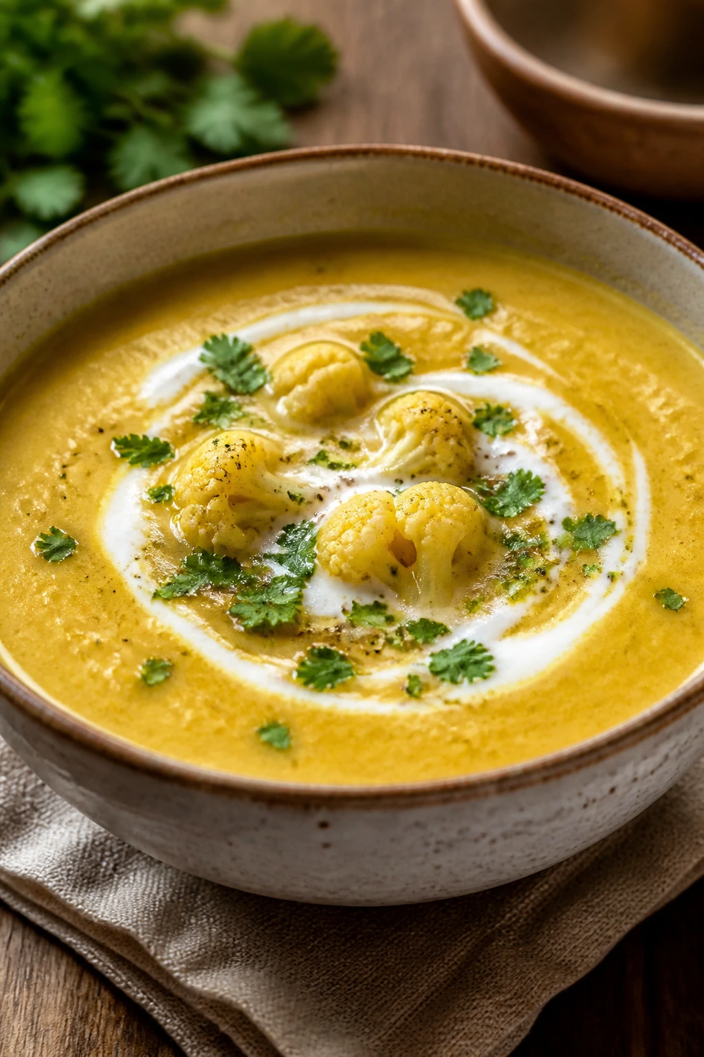 Close-up of curried cauliflower soup in a bowl