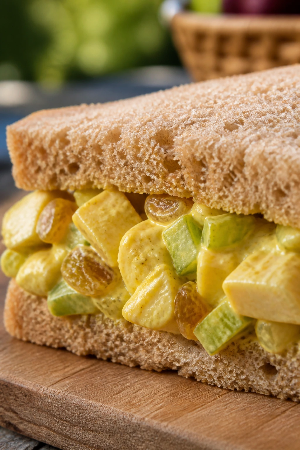 Close-up of curried chicken salad sandwich on wooden picnic surface