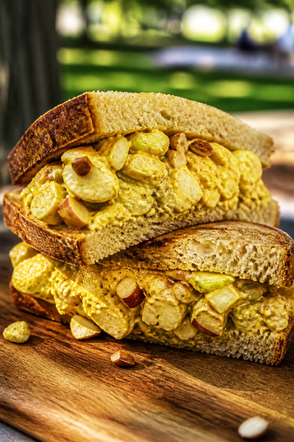 Close-up of curried chicken salad sandwich halves on a rustic wooden board outdoors