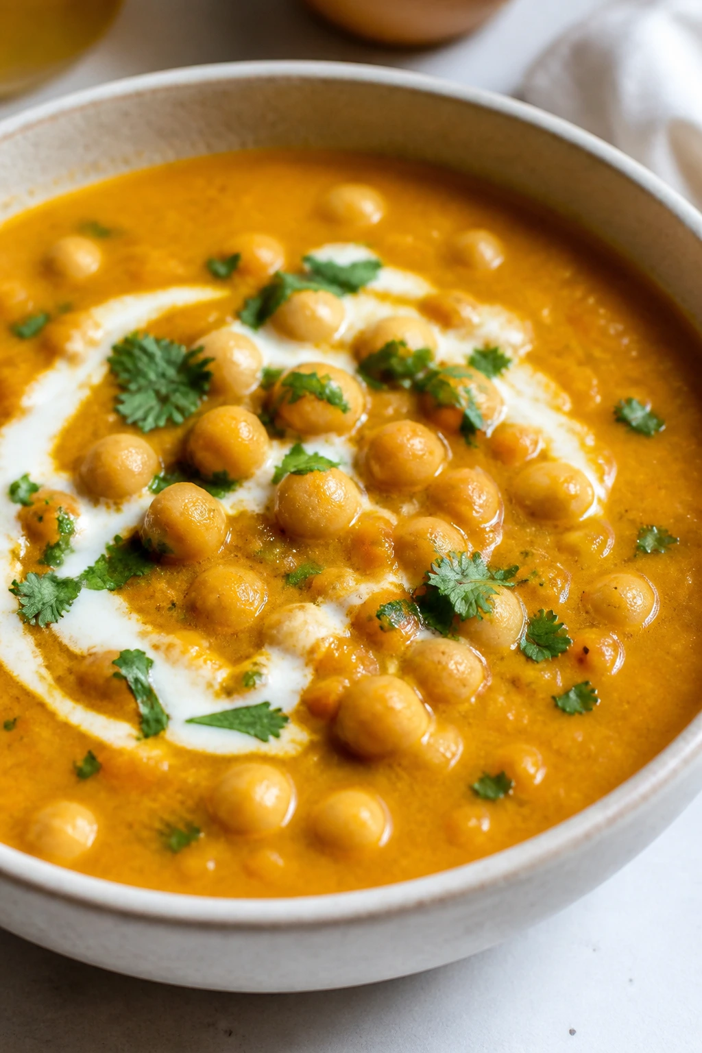 Close-up of Curried Chickpea and Coconut Soup in a bowl
