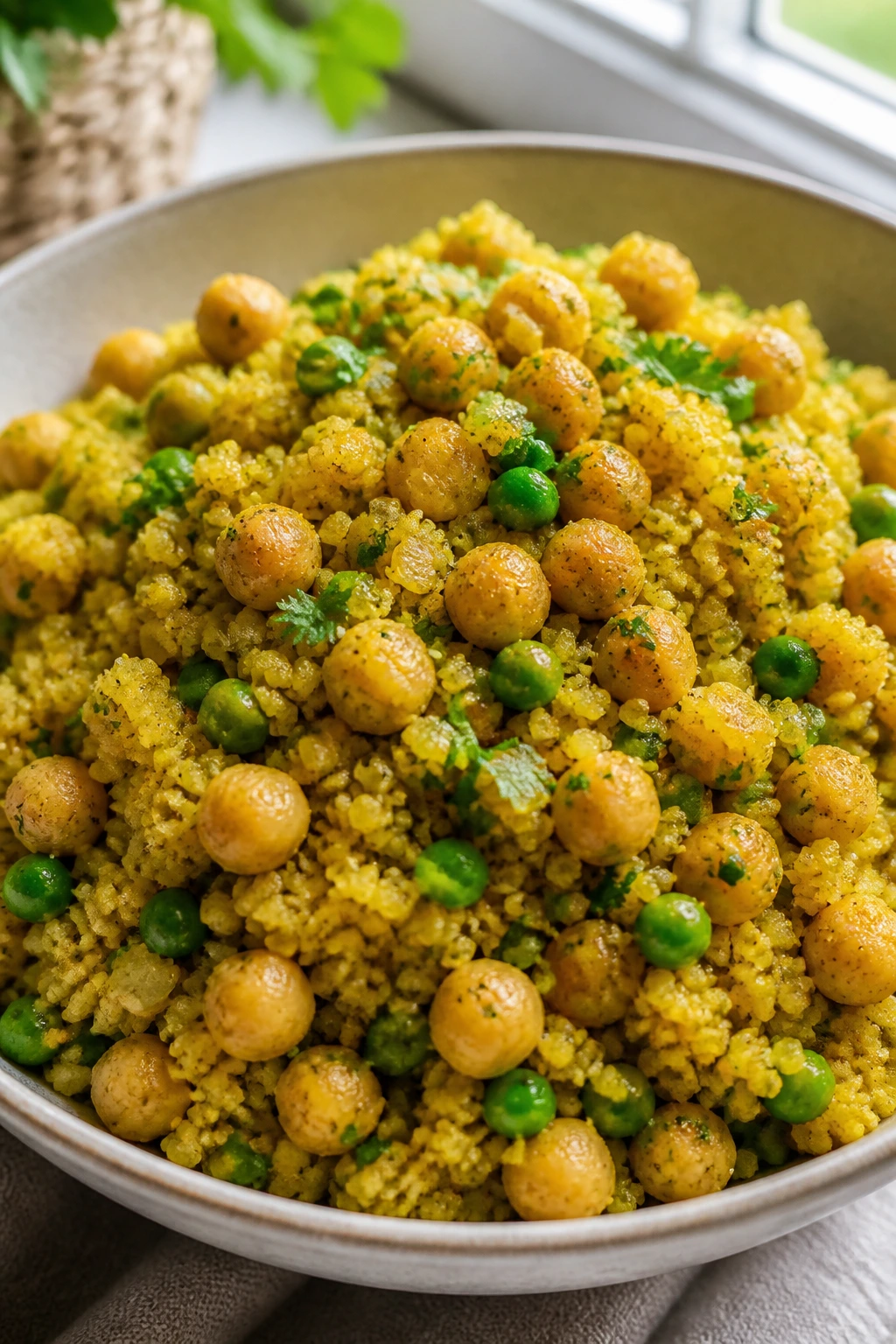 Curried Chickpea Couscous in a bright kitchen bowl