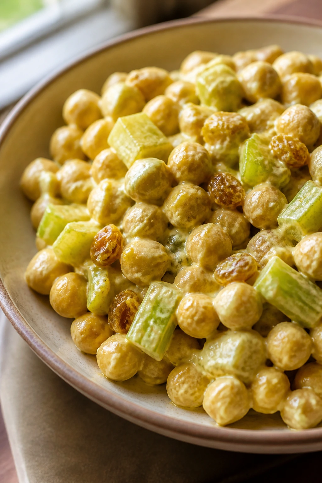 Chickpeas in curry yogurt dressing with celery and raisins