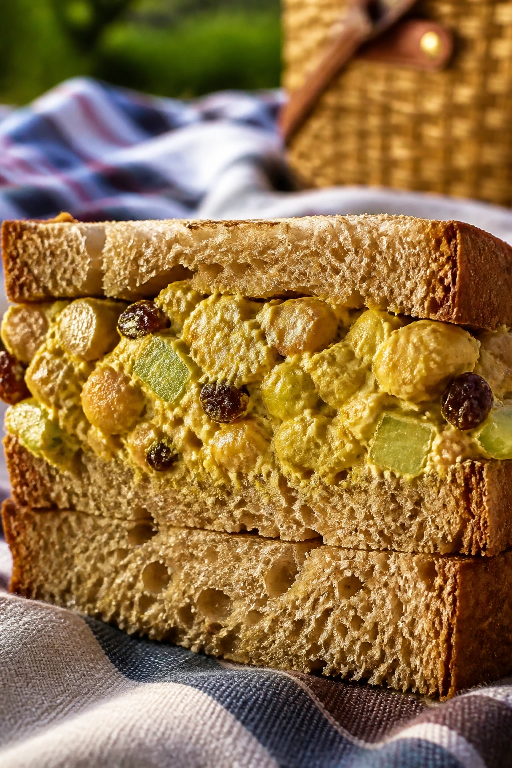 Cross-section of curried chickpea salad sandwich on bread