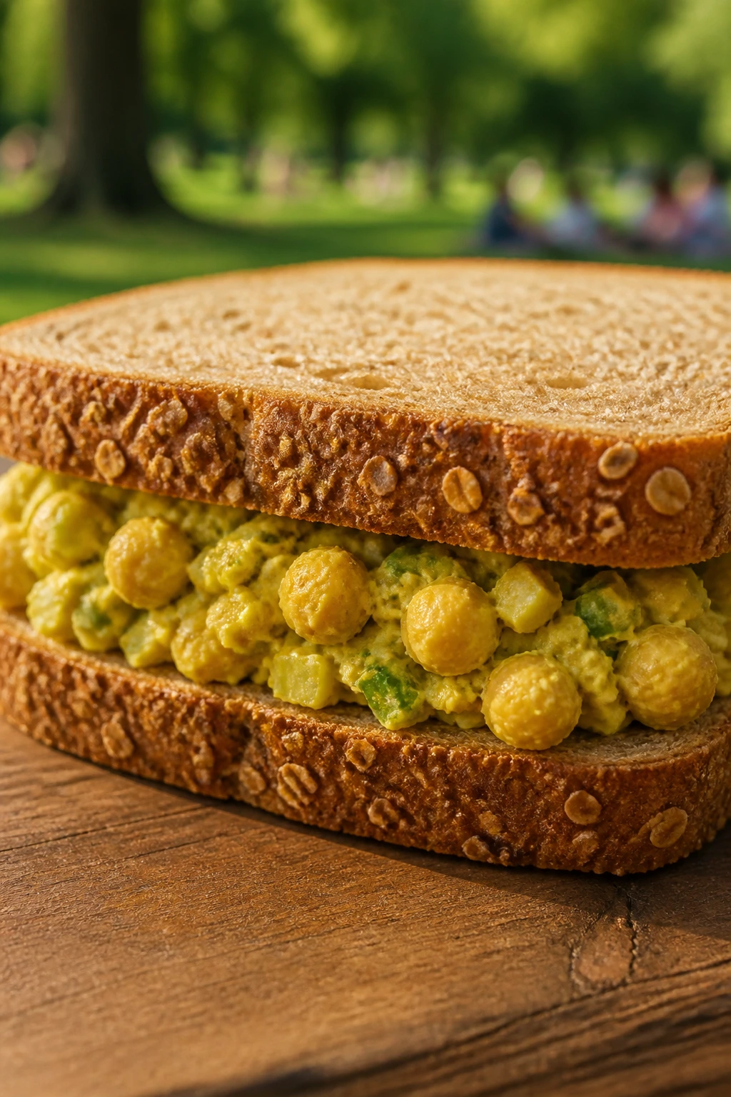 Close-up of curried chickpea salad sandwich on whole grain bread outdoors