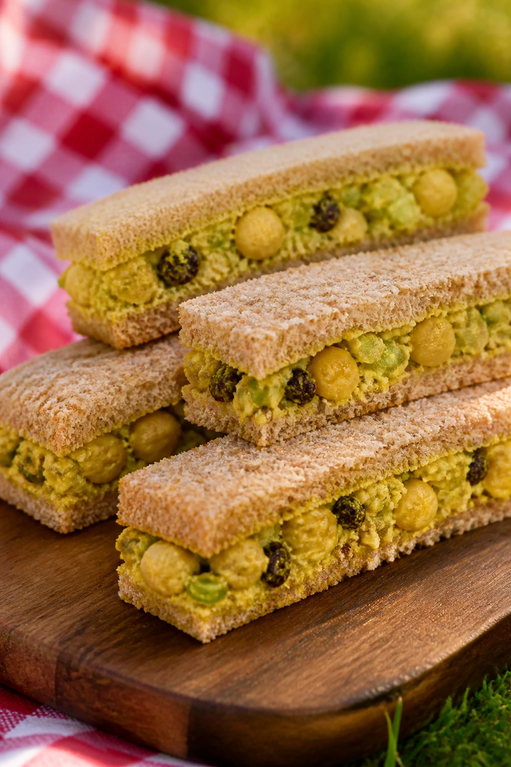 Close-up of curried chickpea salad finger sandwiches on rustic bread for a picnic