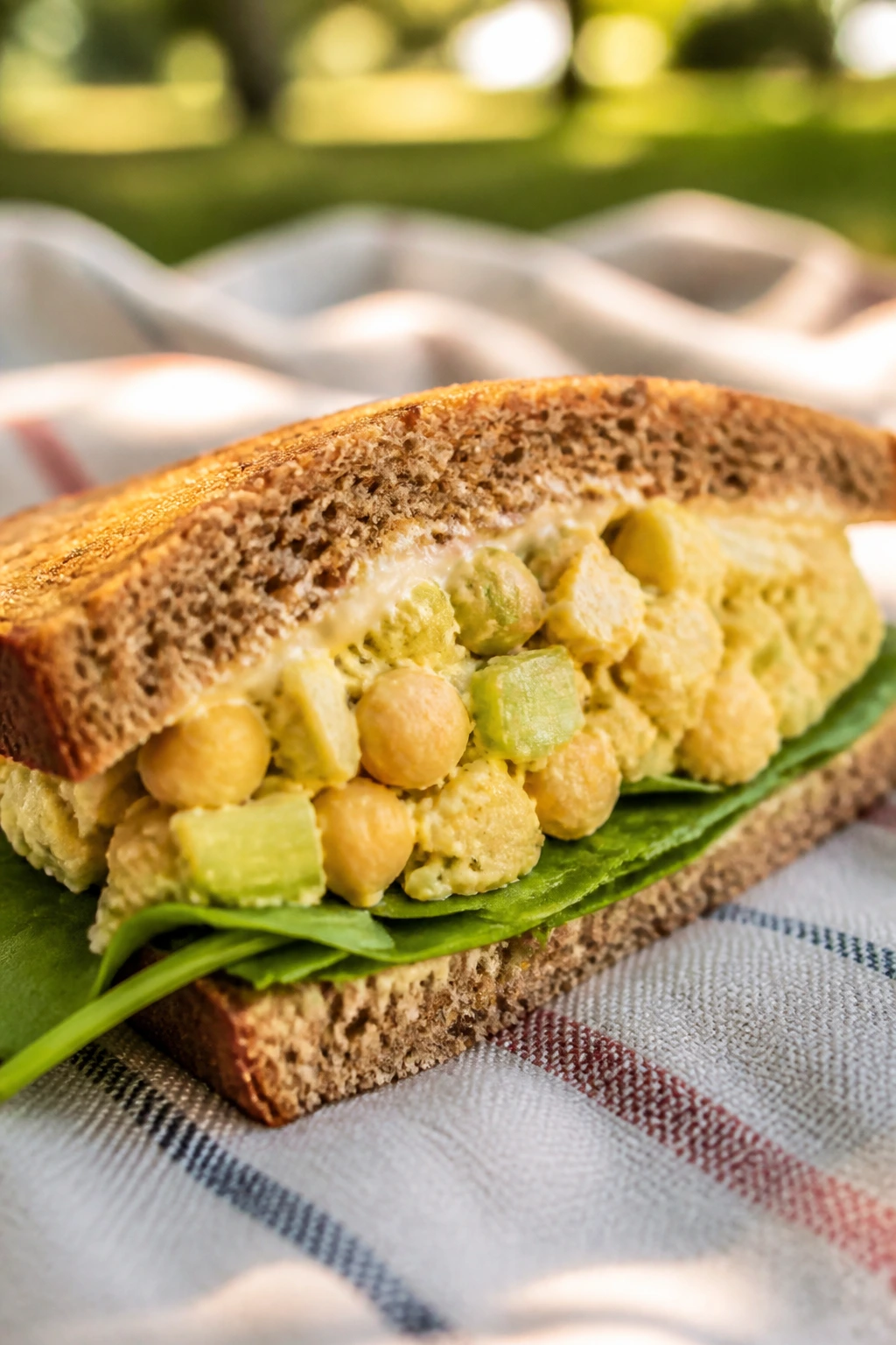 Half sandwich with curried chickpea salad on whole-grain bread outdoors