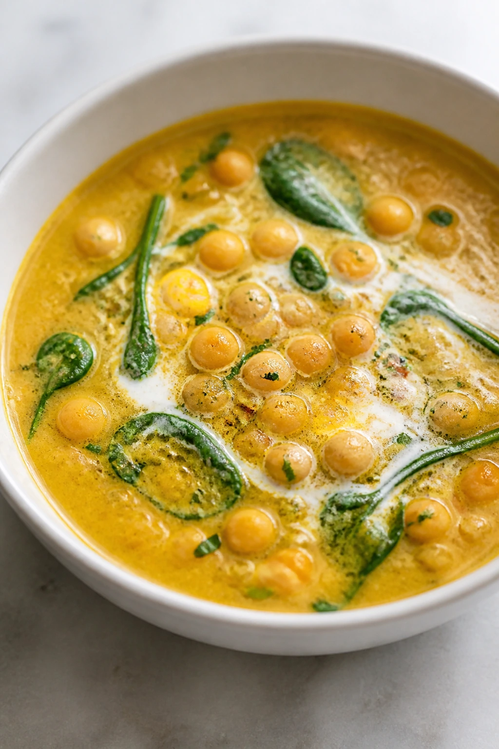 Close-up of Curried Chickpea Soup with chickpeas and coconut milk