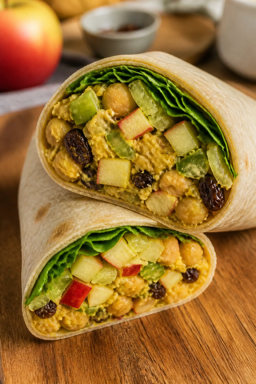 Cross-section of Curried Chickpea Apple Wrap with chickpeas and apple
