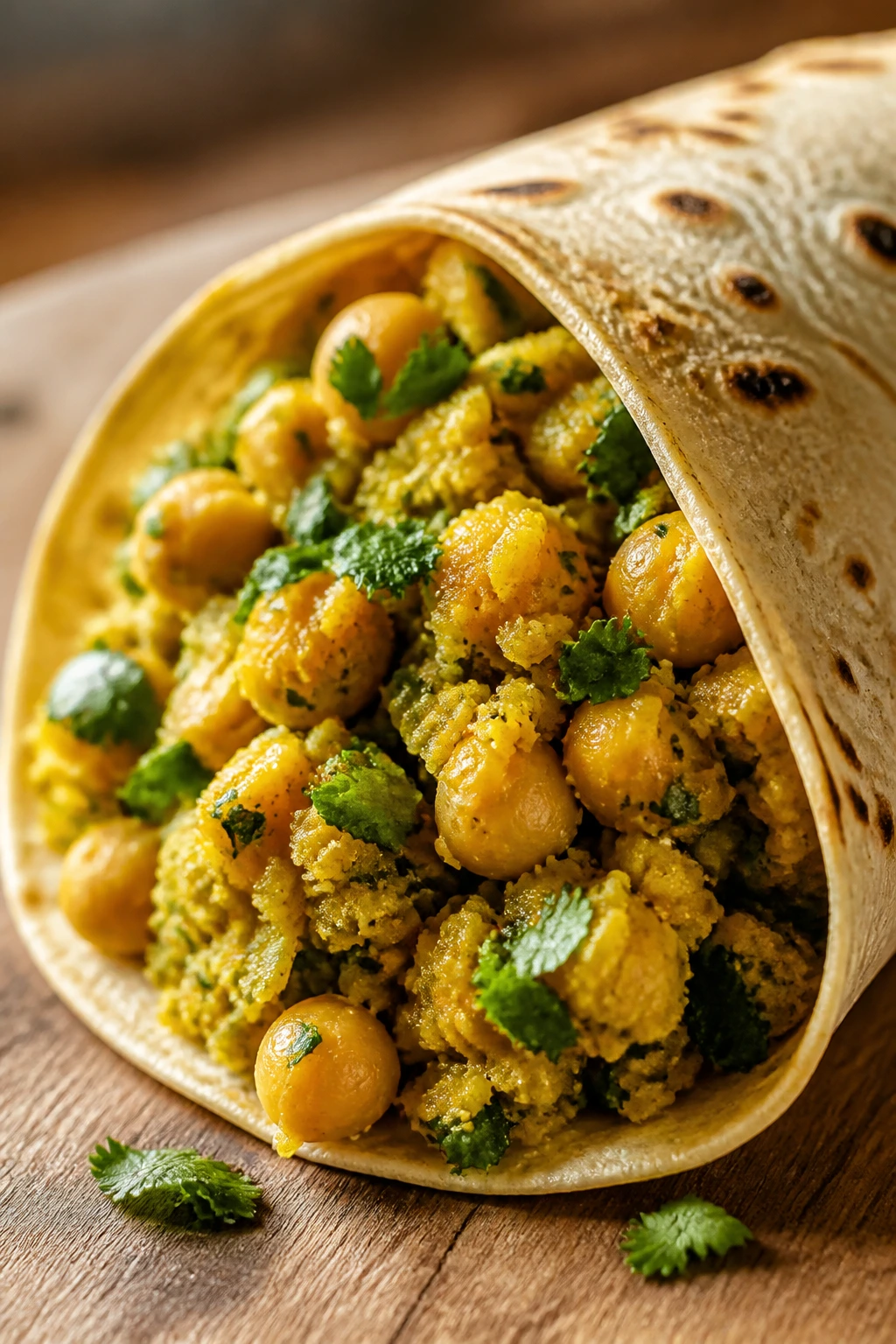 Close-up of curried chickpea wrap half-open with herb-studded filling.
