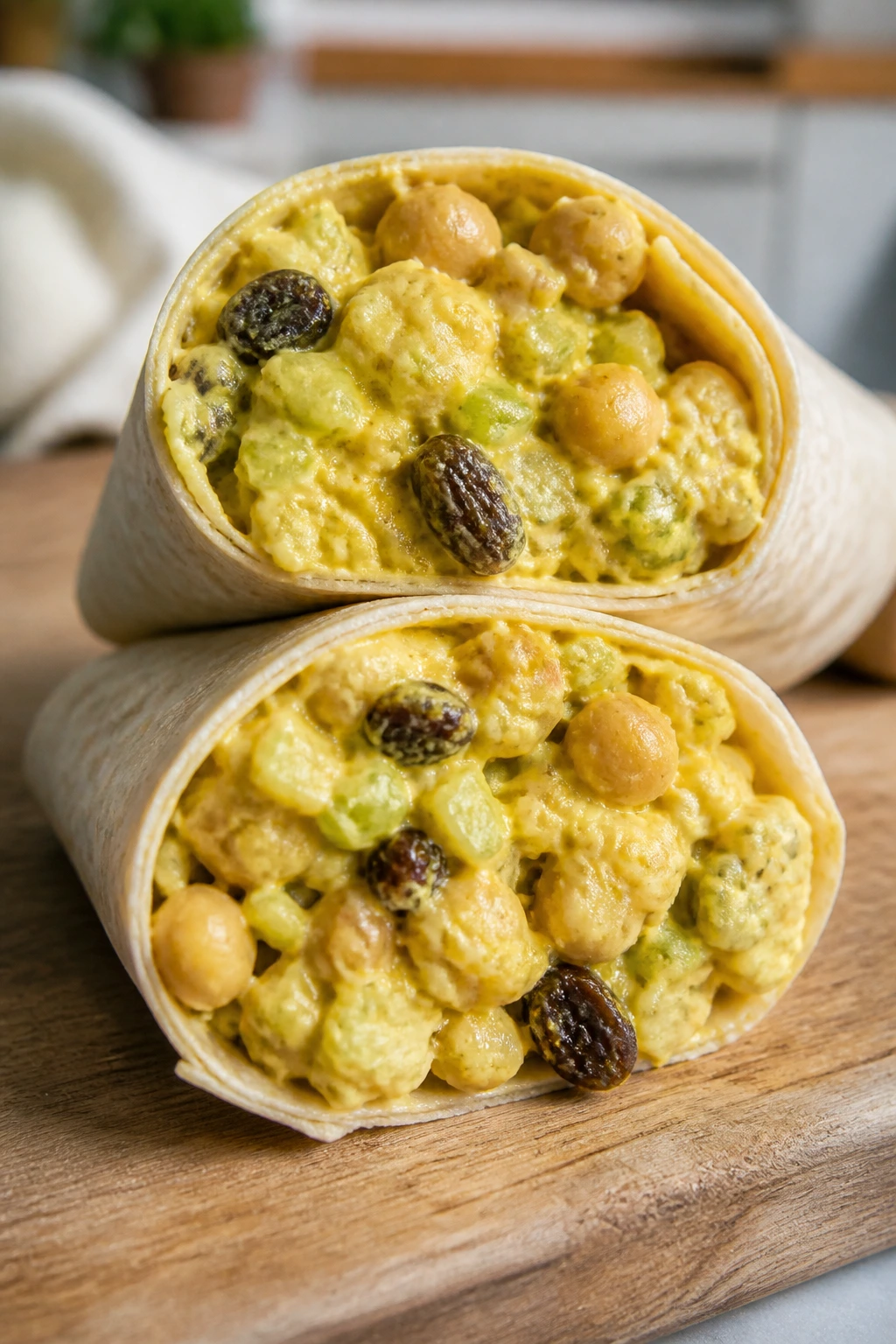 Halved wrap showing curried chickpea filling on a cutting board