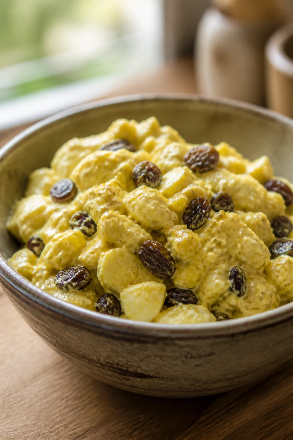 Close-up of curried egg salad with raisins in a rustic bowl