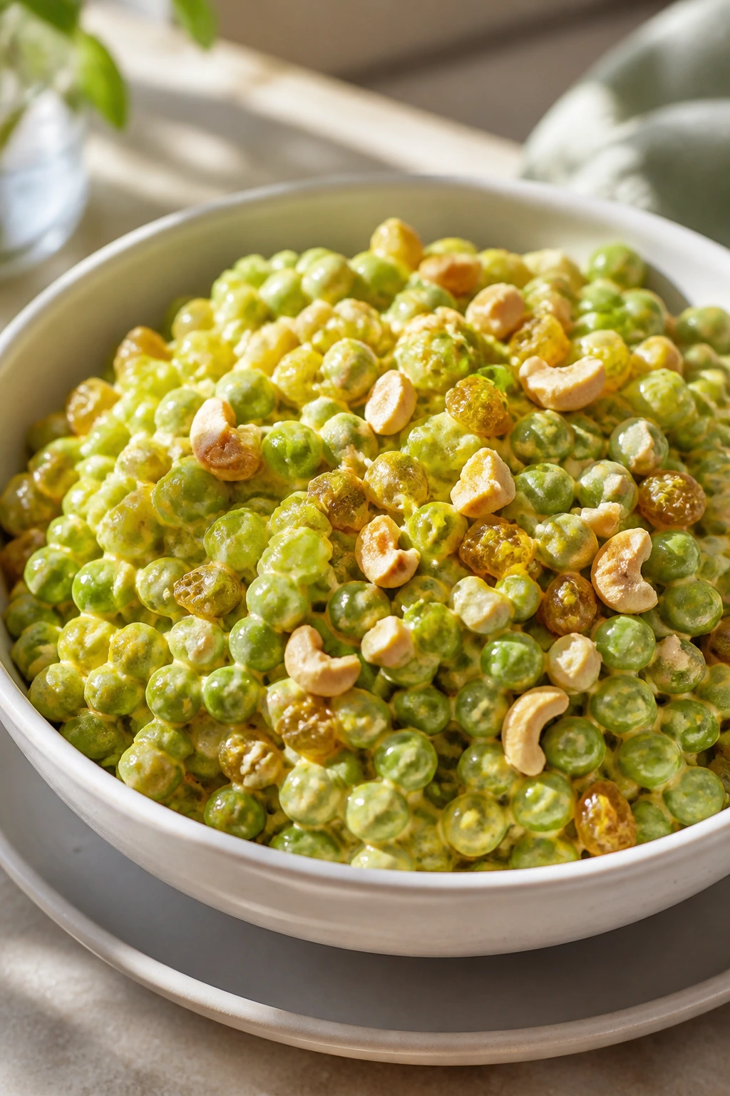 Close-up of Curried Pea Salad with Raisins showing peas, curry dressing, raisins, and cashews.