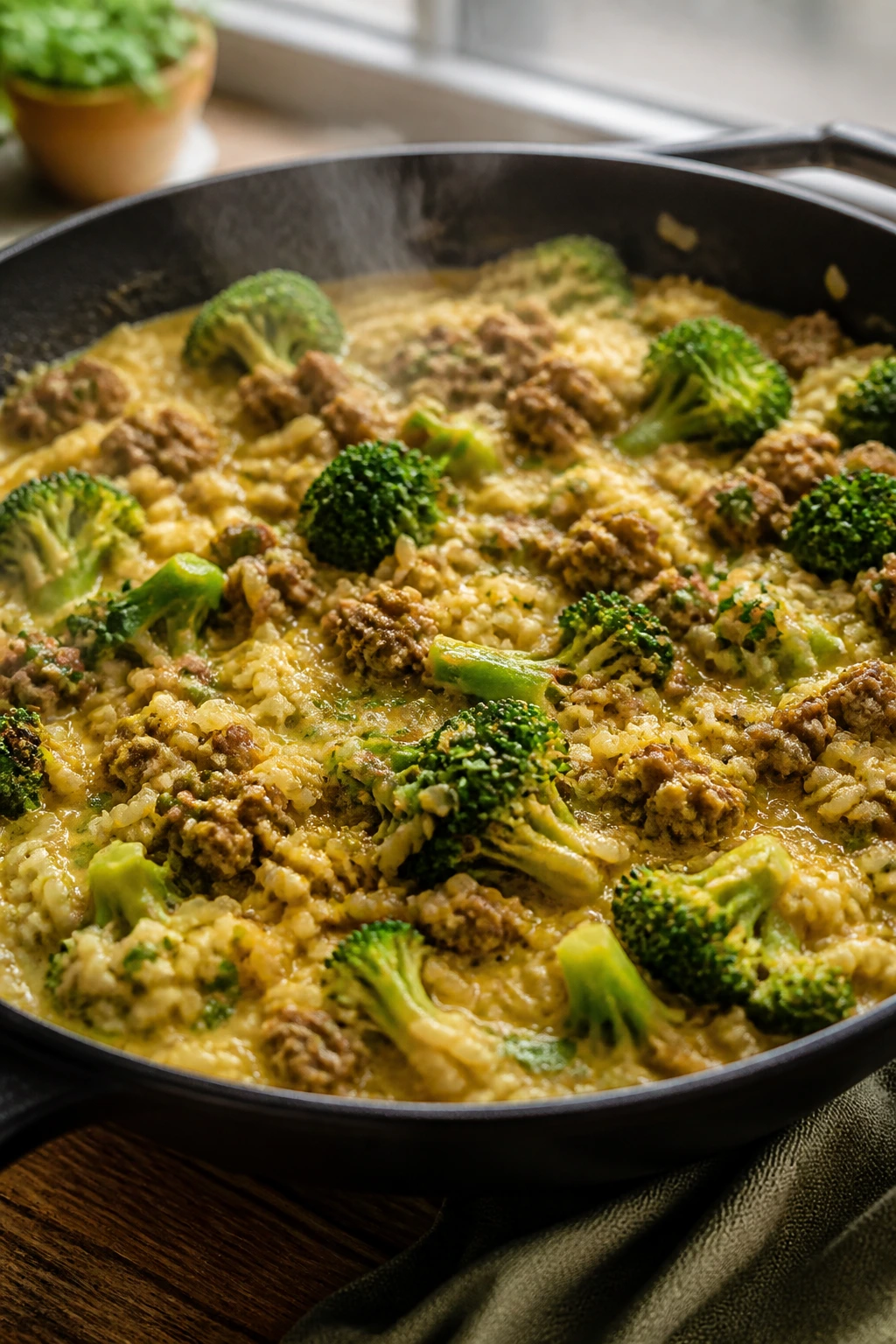 Close-up of curry hamburger broccoli rice skillet steaming in a rustic kitchen