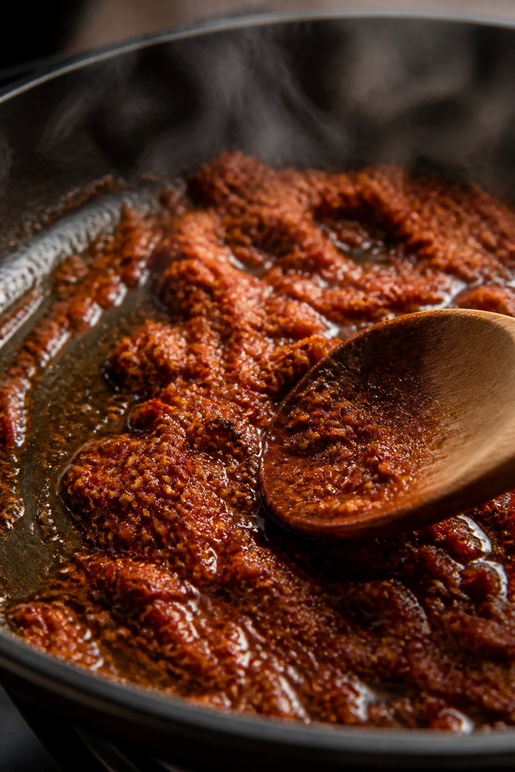 Close-up of curry paste blooming in oil in a pan