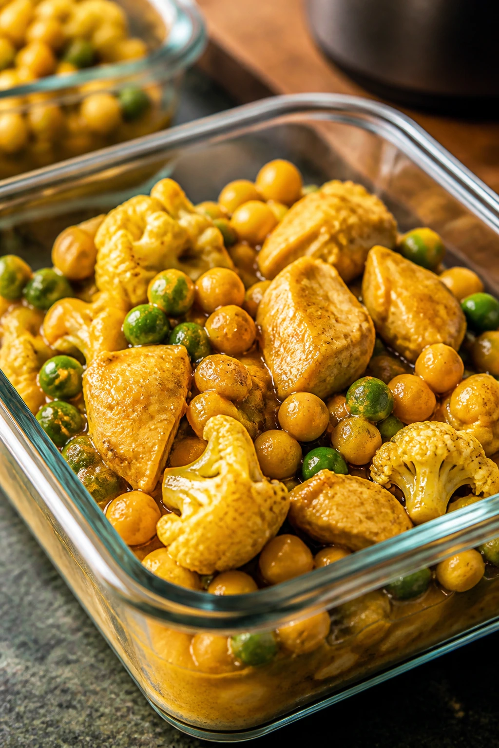 Close-up of curry chicken chickpea meal prep box with cauliflower and peas