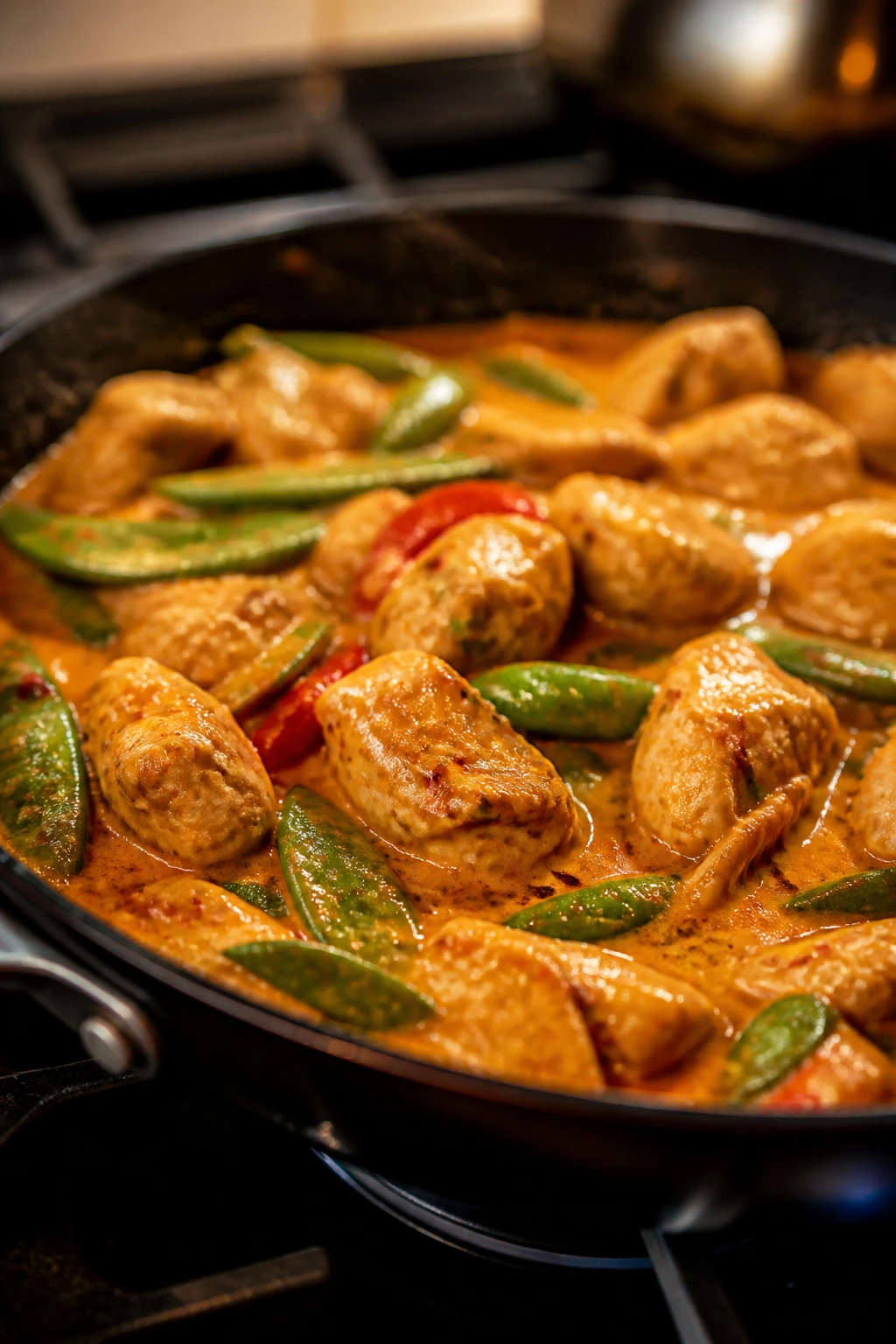 Close-up of glossy coconut curry coating chicken and vegetables in a pan