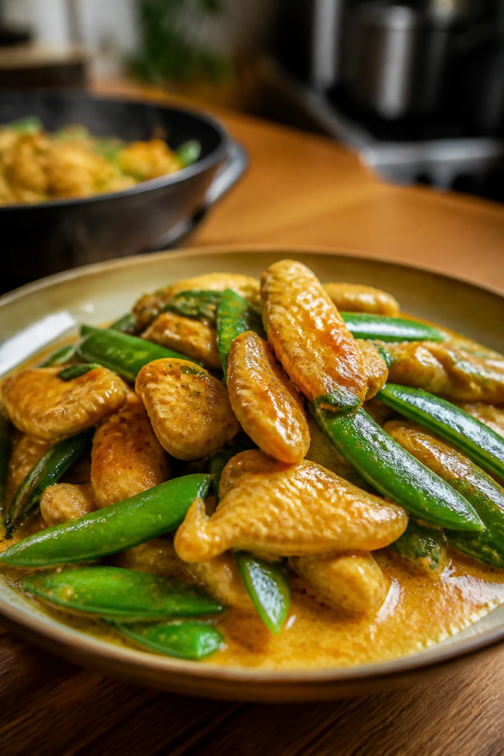 Close-up of curry chicken stir-fry with sugar snap peas in creamy sauce