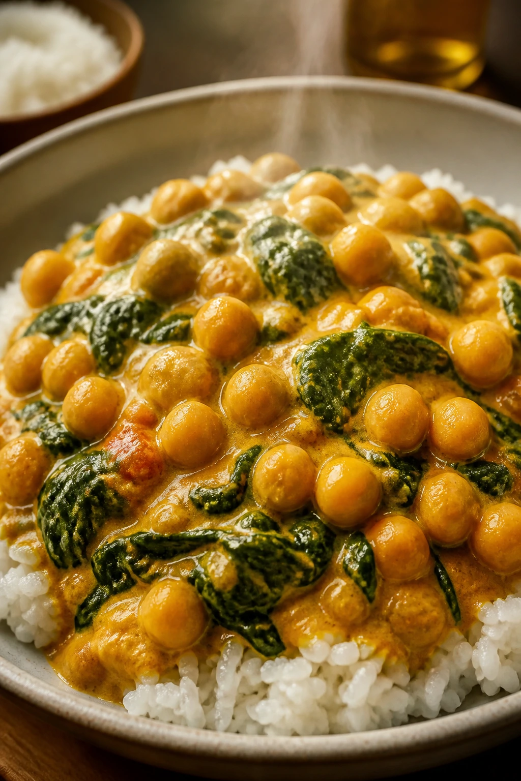 Bowl of chickpea coconut curry with spinach over rice.