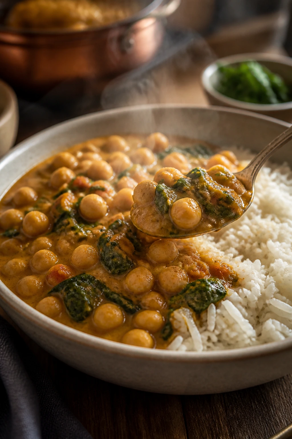 Medium close-up of chickpea coconut curry with rice