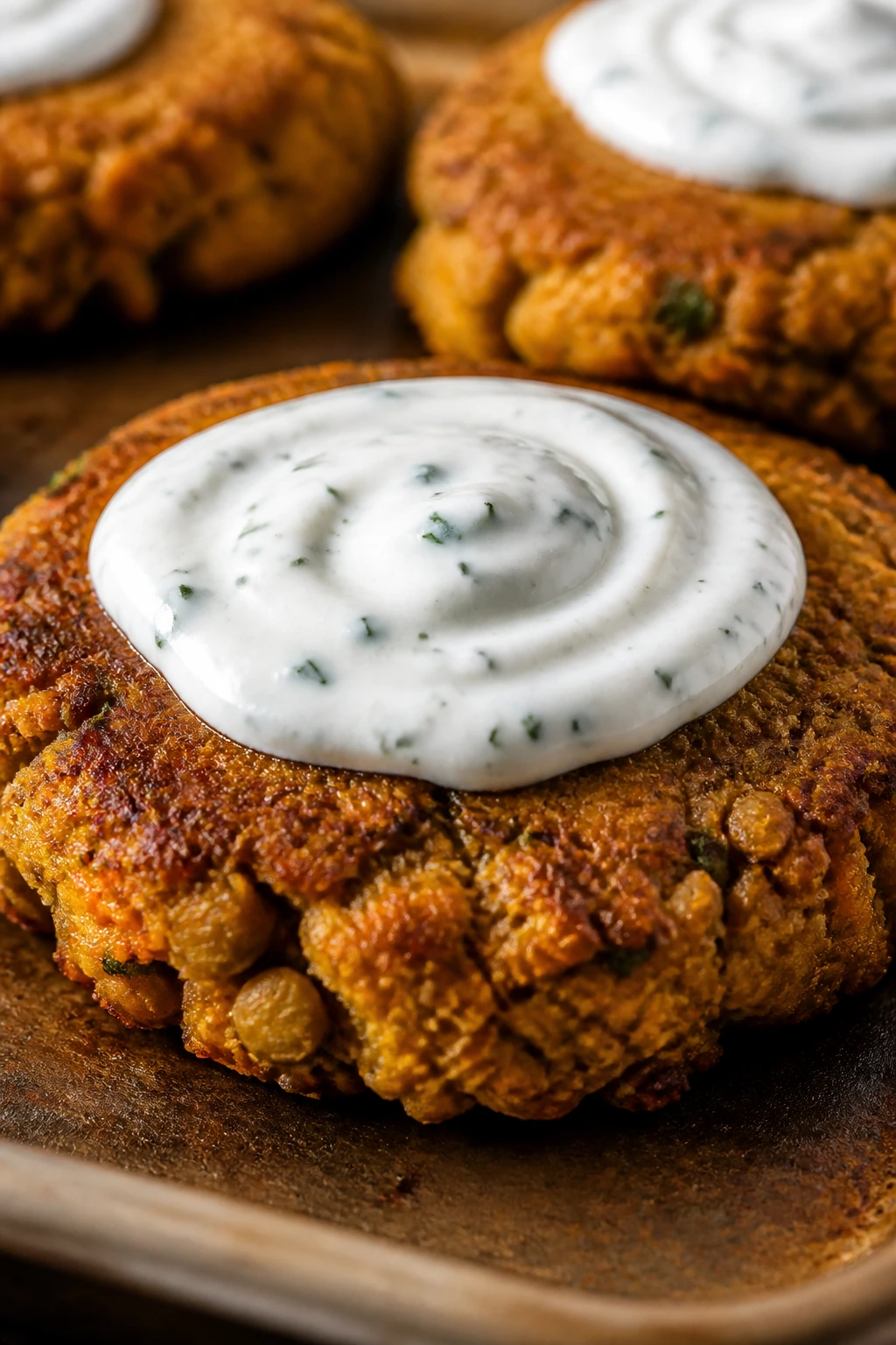 Close-up of curry-spiced lentil burger with yogurt sauce