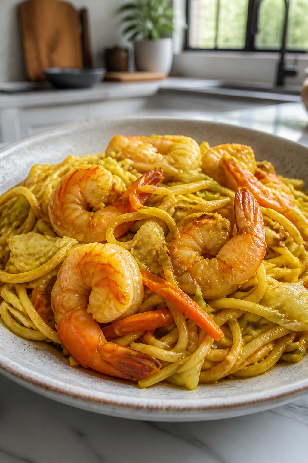 Close-up of Singapore curry noodles with shrimp in a glossy yellow sauce
