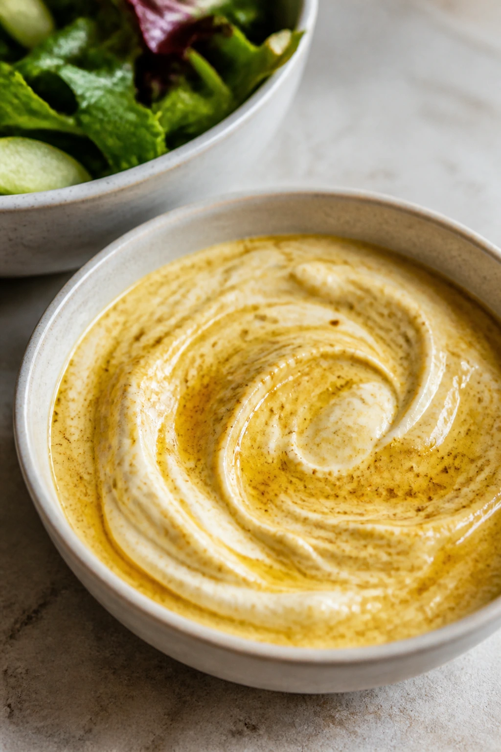 Dressing bowl showing mayo yogurt and curry powder tones