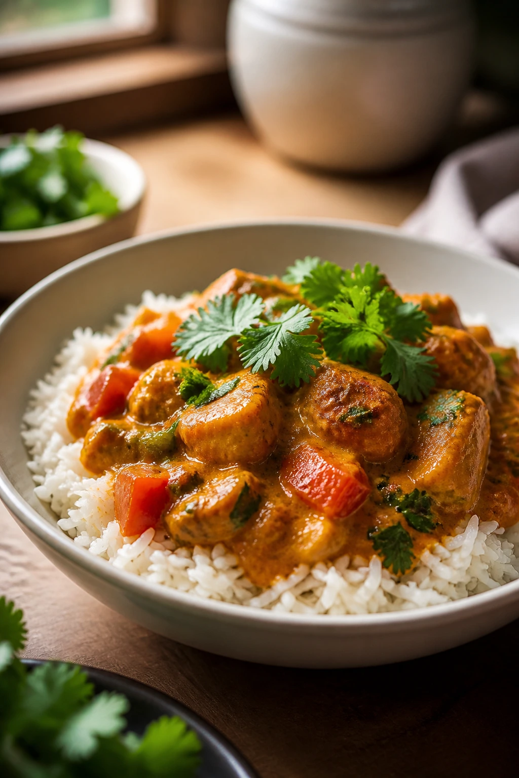 Plate of curry over rice with cilantro garnish