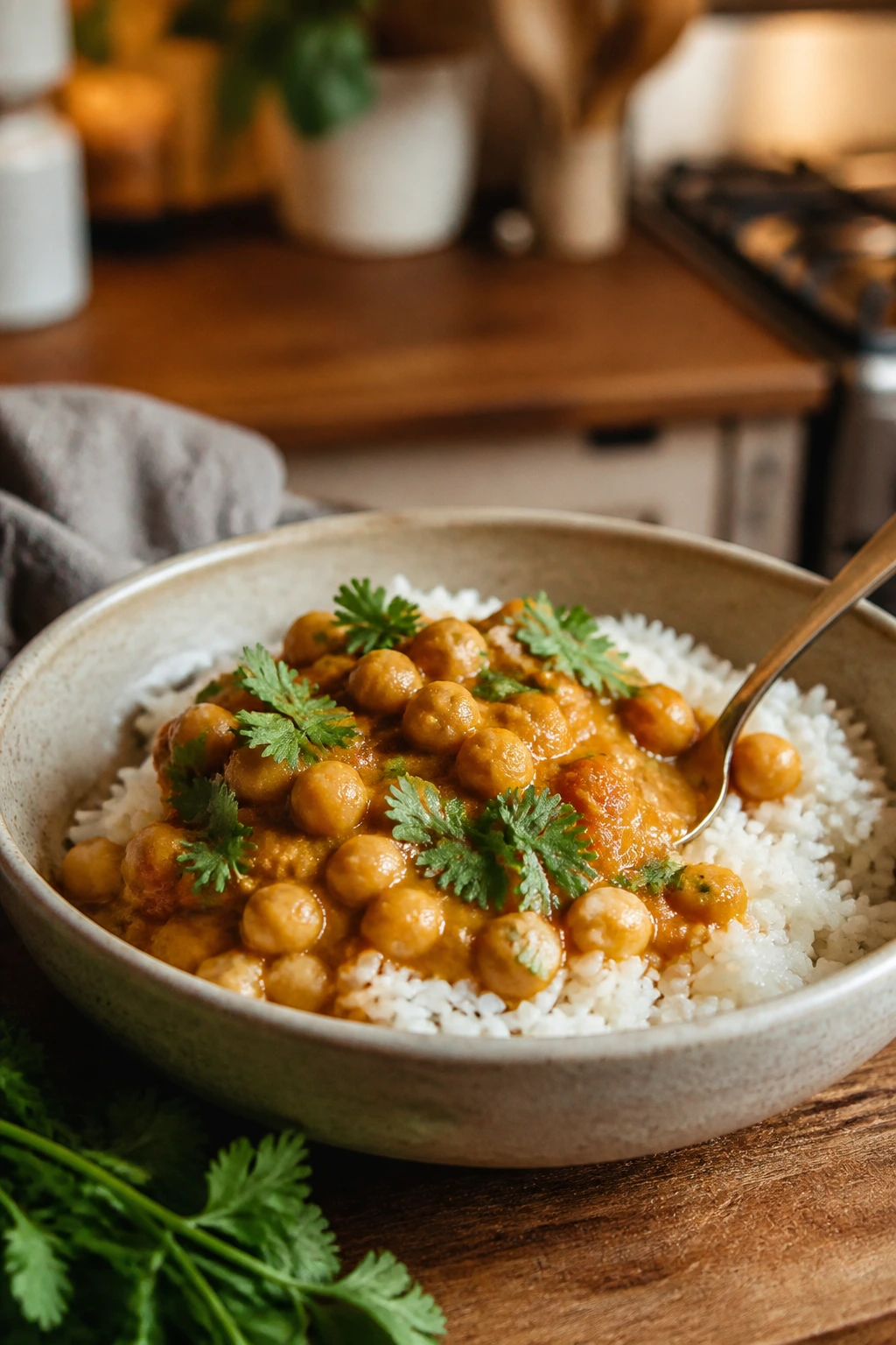 Bowl of curry over rice with cilantro on a warm kitchen table.