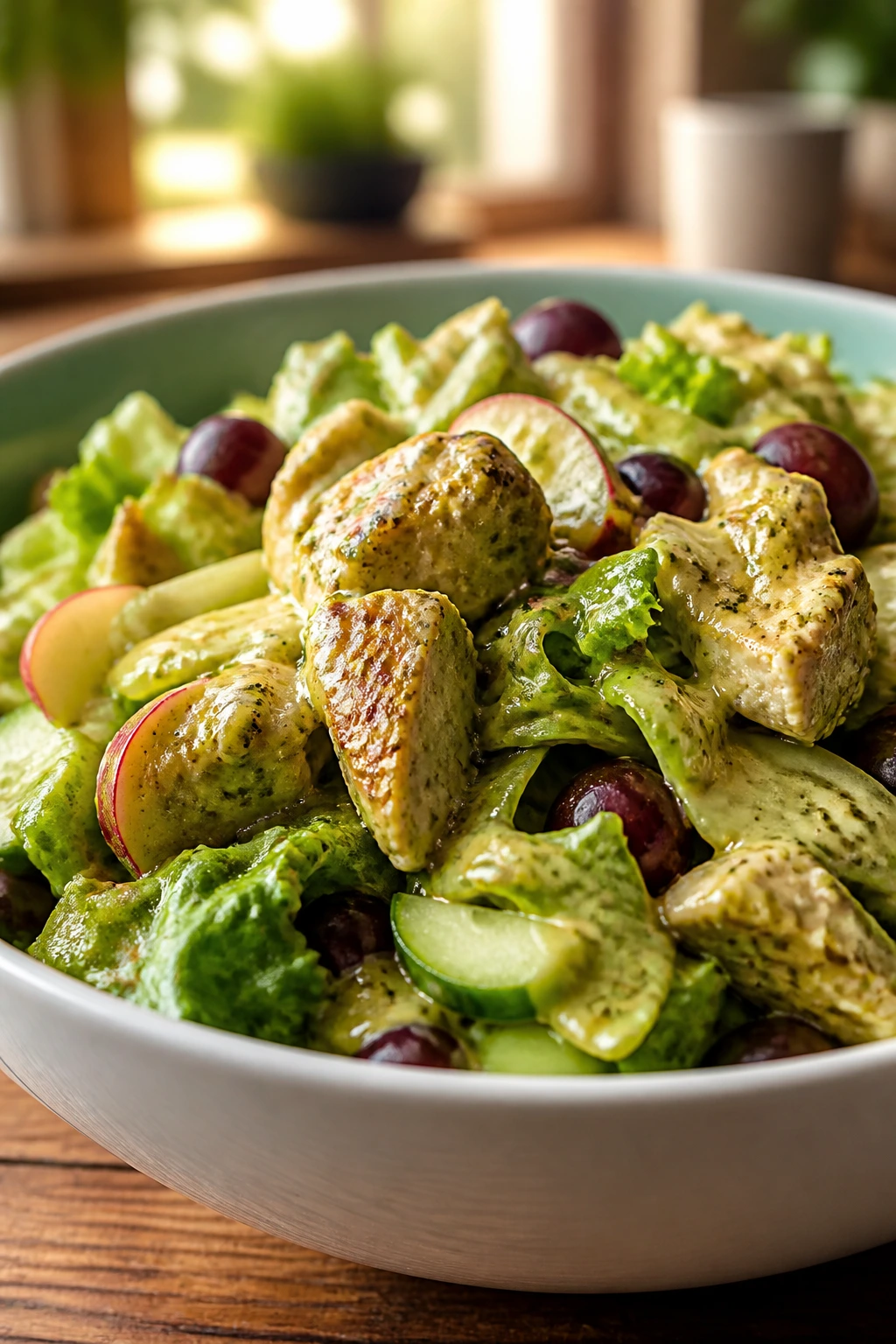 Bright curry salad in a bowl with greens and dressing clinging to leaves