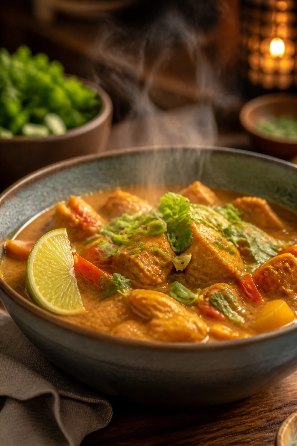 Steaming curry in a deep bowl with lime and scallions