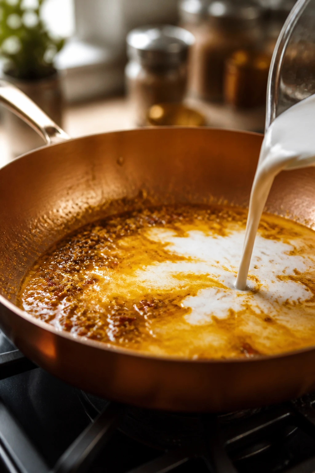Close-up of skillet with bloomed spices in oil for dairy-free coconut chickpea curry