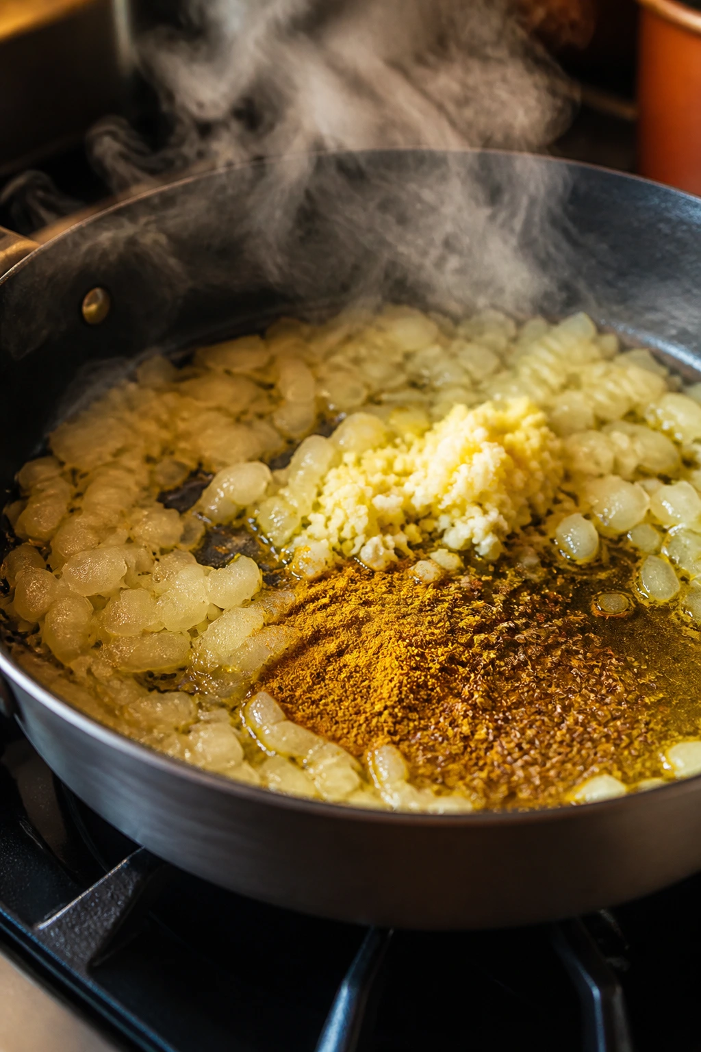 Skillet showing aromatics and spices being toasted for curry