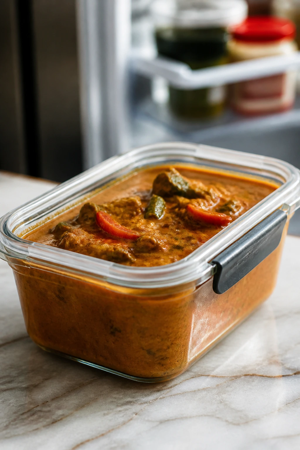 Glass container of coconut curry for make-ahead storage in the fridge