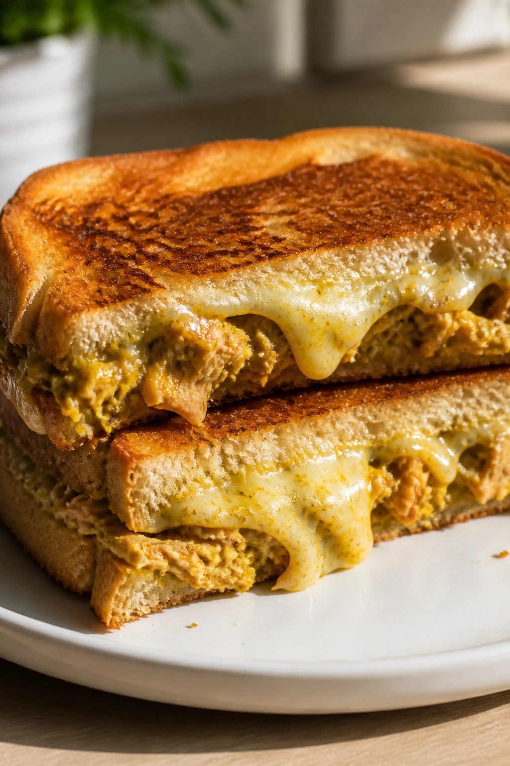 Close-up of a curry tuna melt sandwich with melted cheese