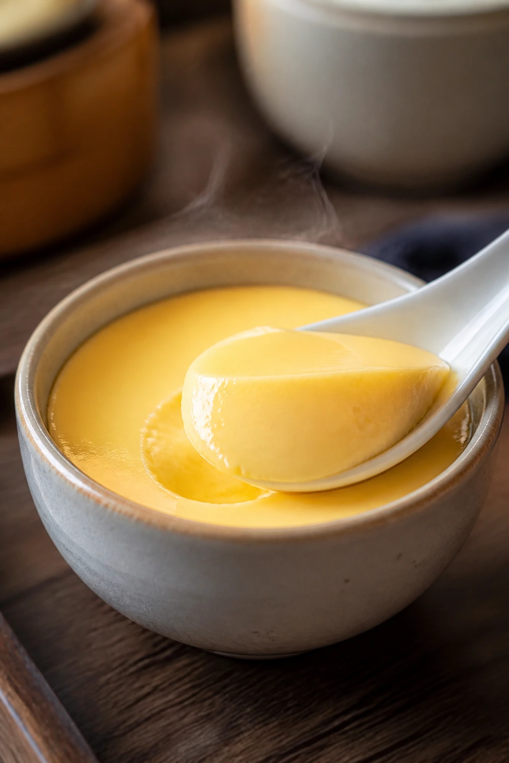 Silky Chinese egg custard jiggles in a bowl