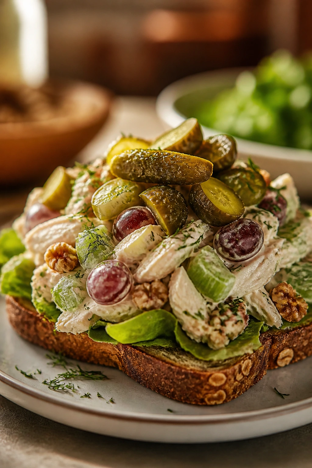 Salad on bread with dill pickle crunch