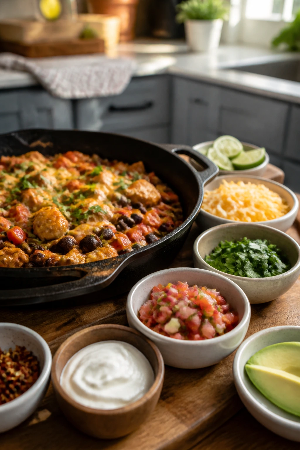 Skillet main dish with toppings for customization at the table