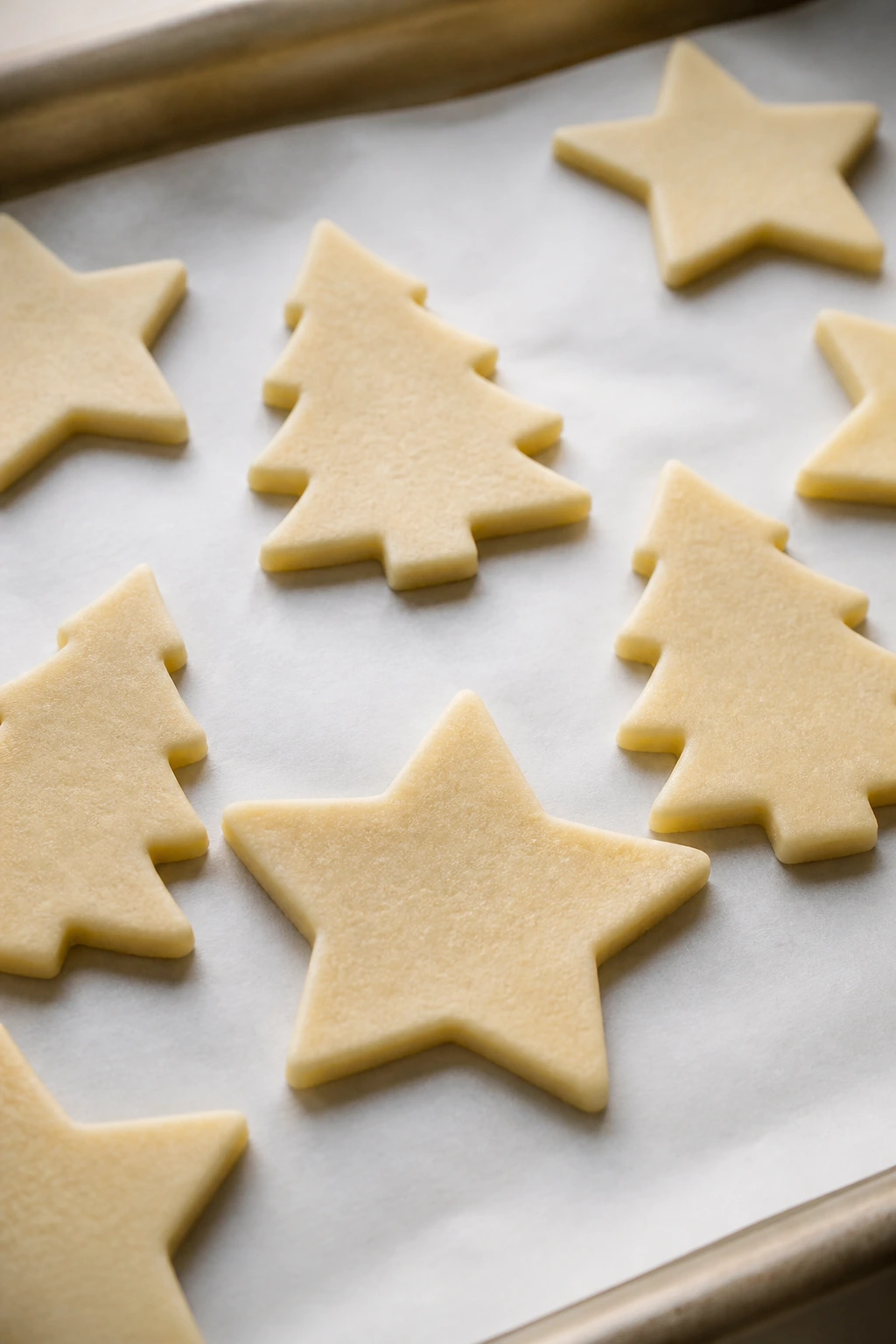 Close-up of classic cut-out sugar cookies on parchment