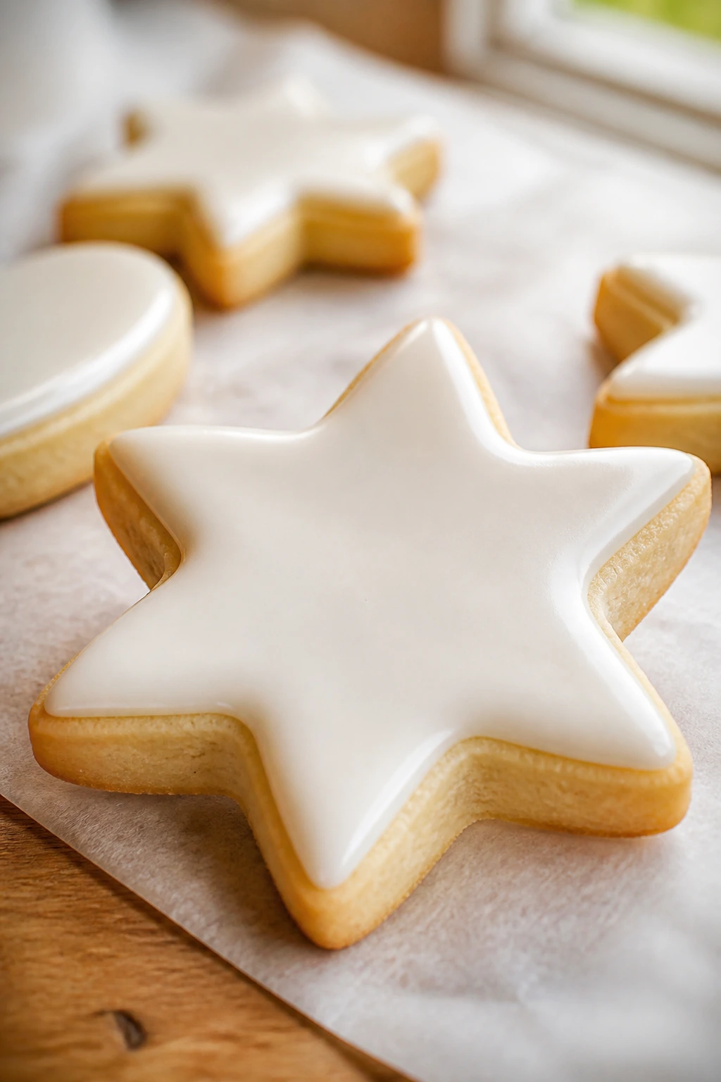 Close-up of a classic cutout sugar cookie with icing on a wooden counter