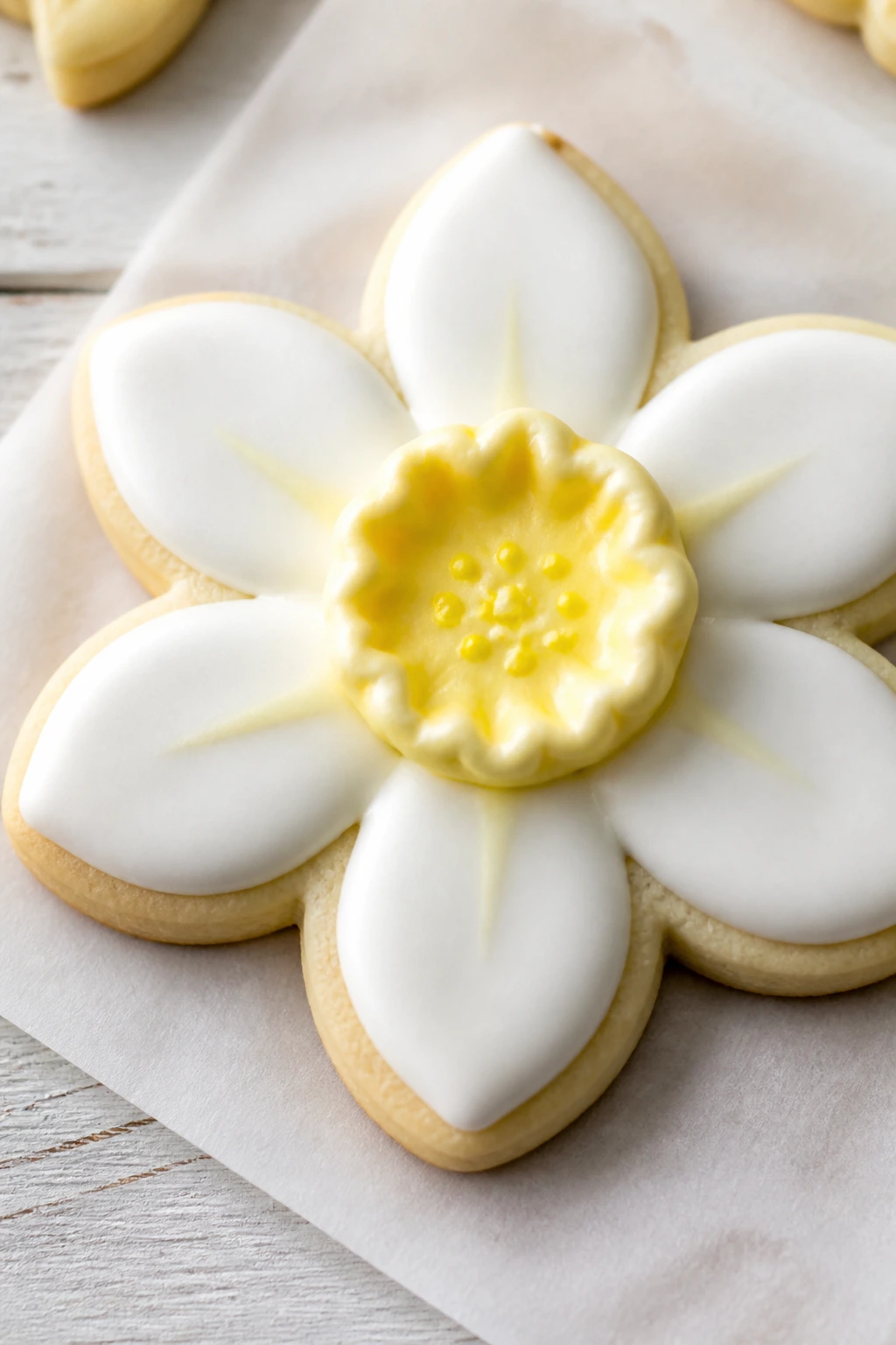 Close-up of Daffodil Flower Cookie with pale yellow center and white petals on parchment