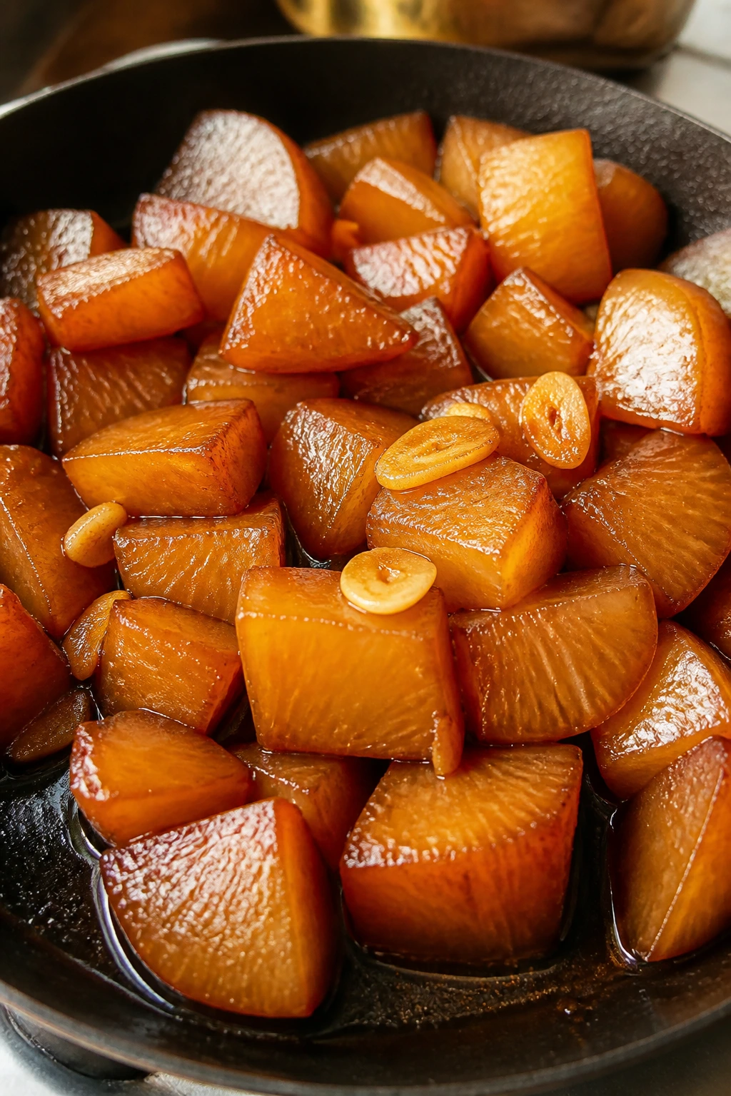 Close-up of braised daikon in glossy soy glaze filling frame.