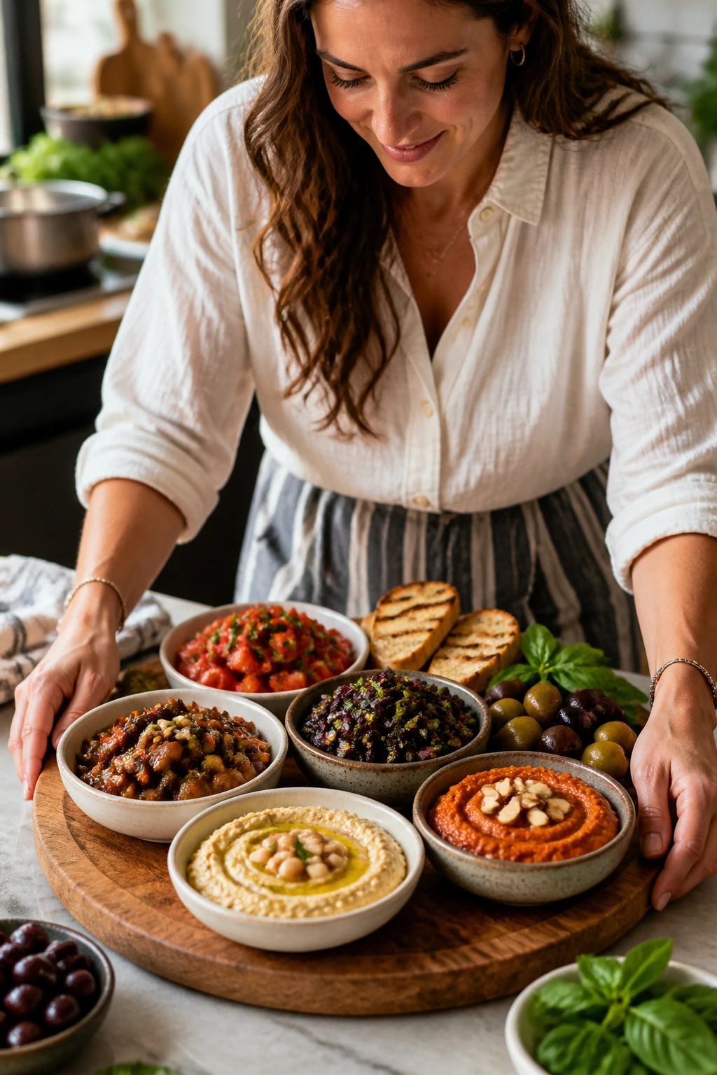 Person arranging a colorful dairy-free antipasto board.