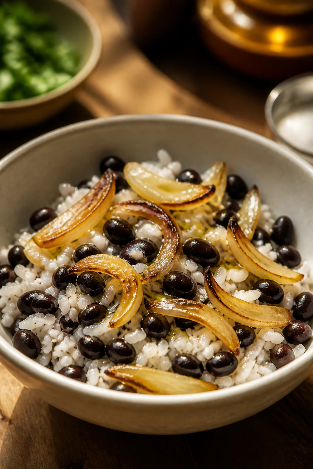 Dairy-free cozy bowl featuring rice and beans with roasted onions in a warm kitchen.