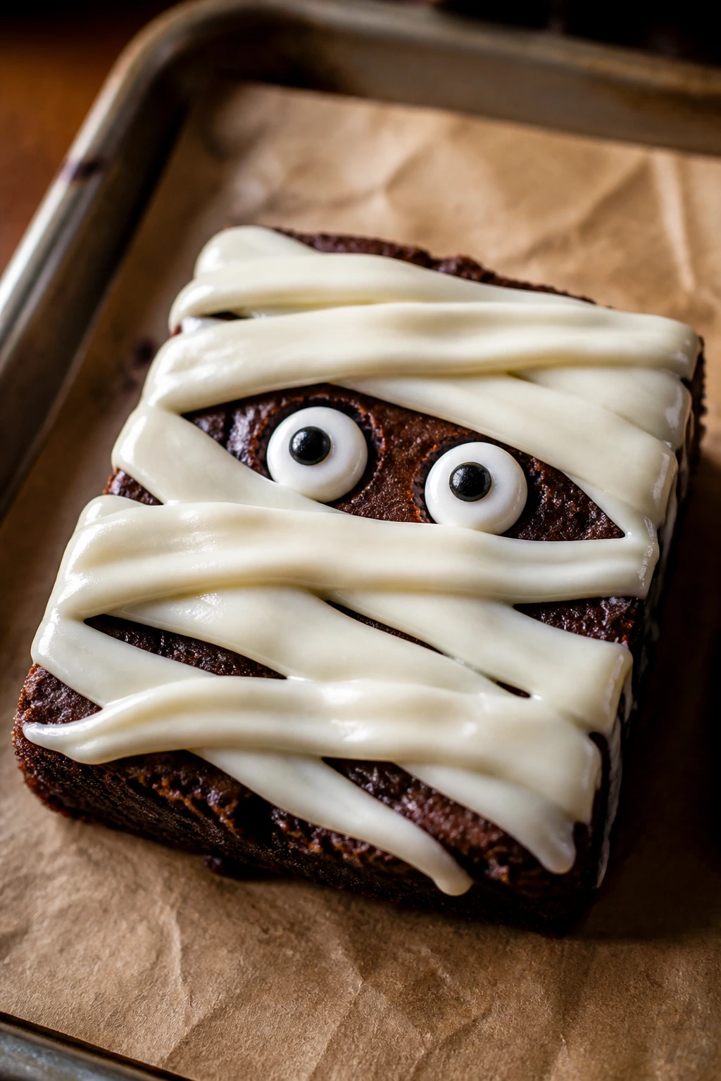 Close-up of a dairy-free mummy brownie with white chocolate bandages and candy eyes