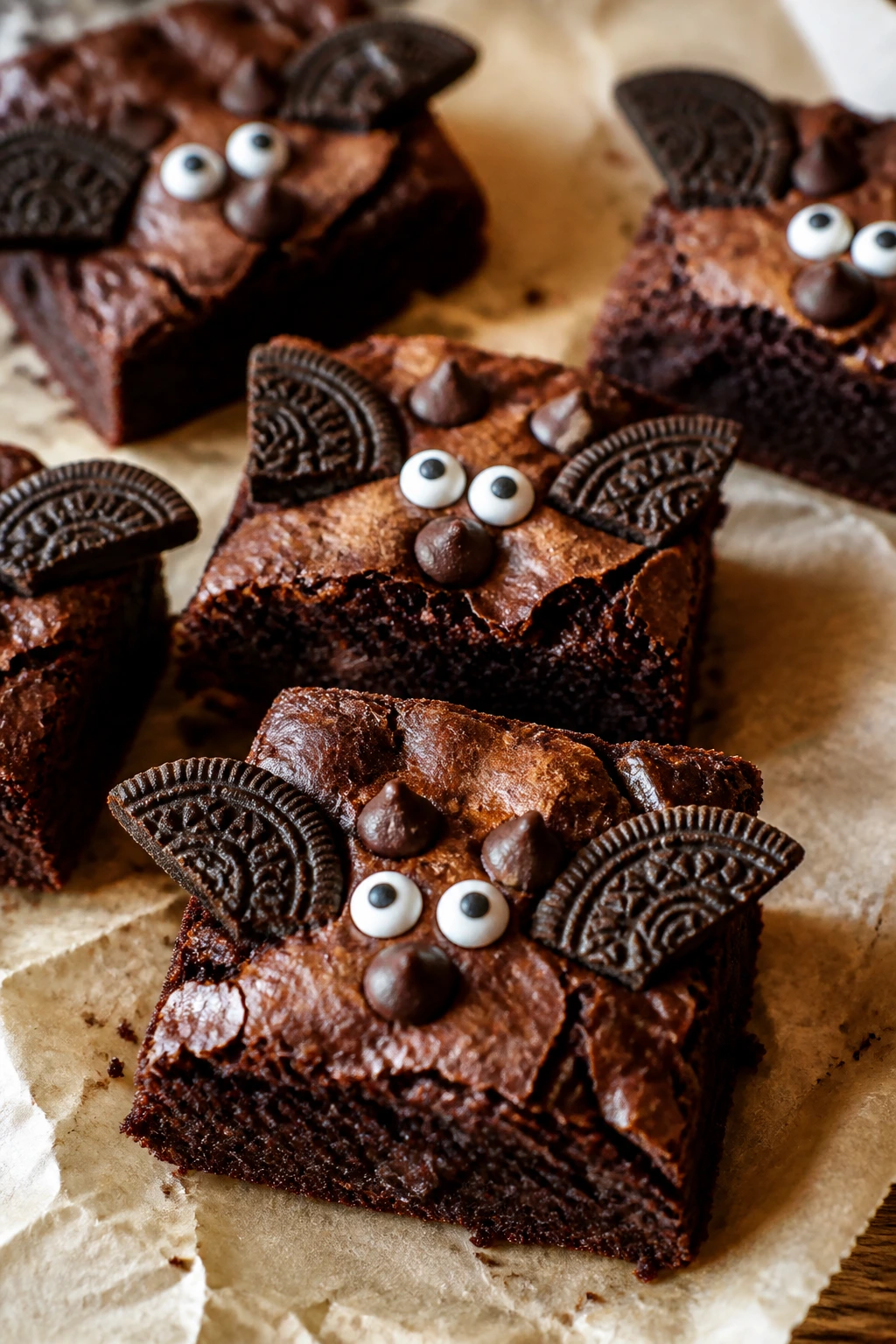 Dairy-free olive oil bat brownies with Oreo wings and candy eyes