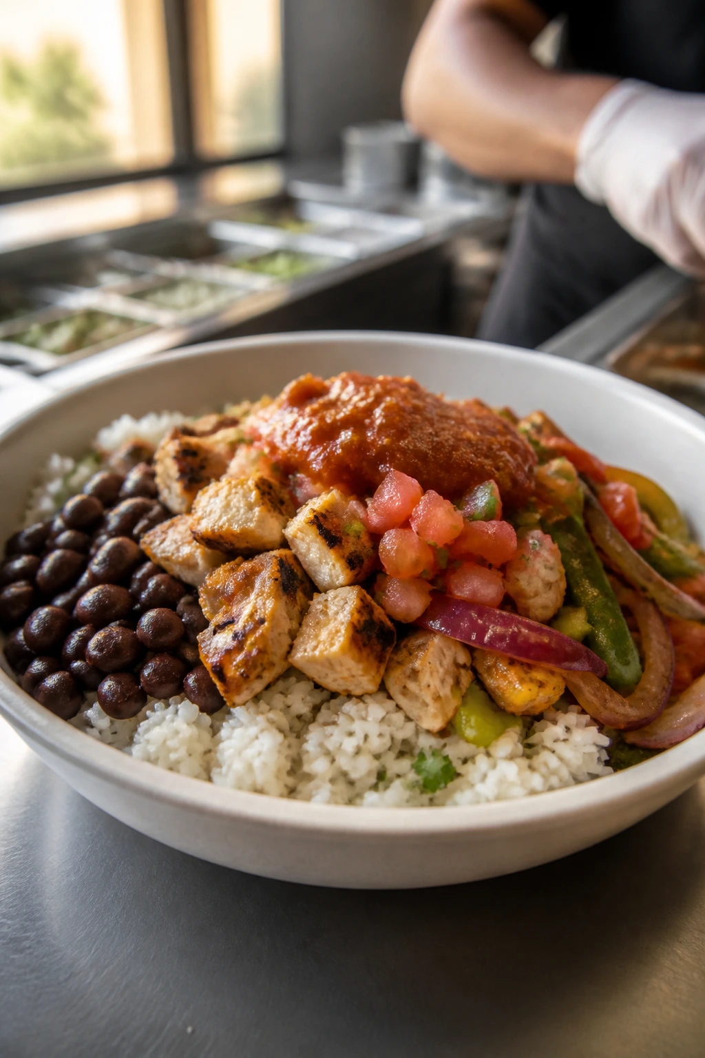 Close-up of a dairy-free burrito bowl with rice, beans, chicken, vegetables, and pico de gallo.