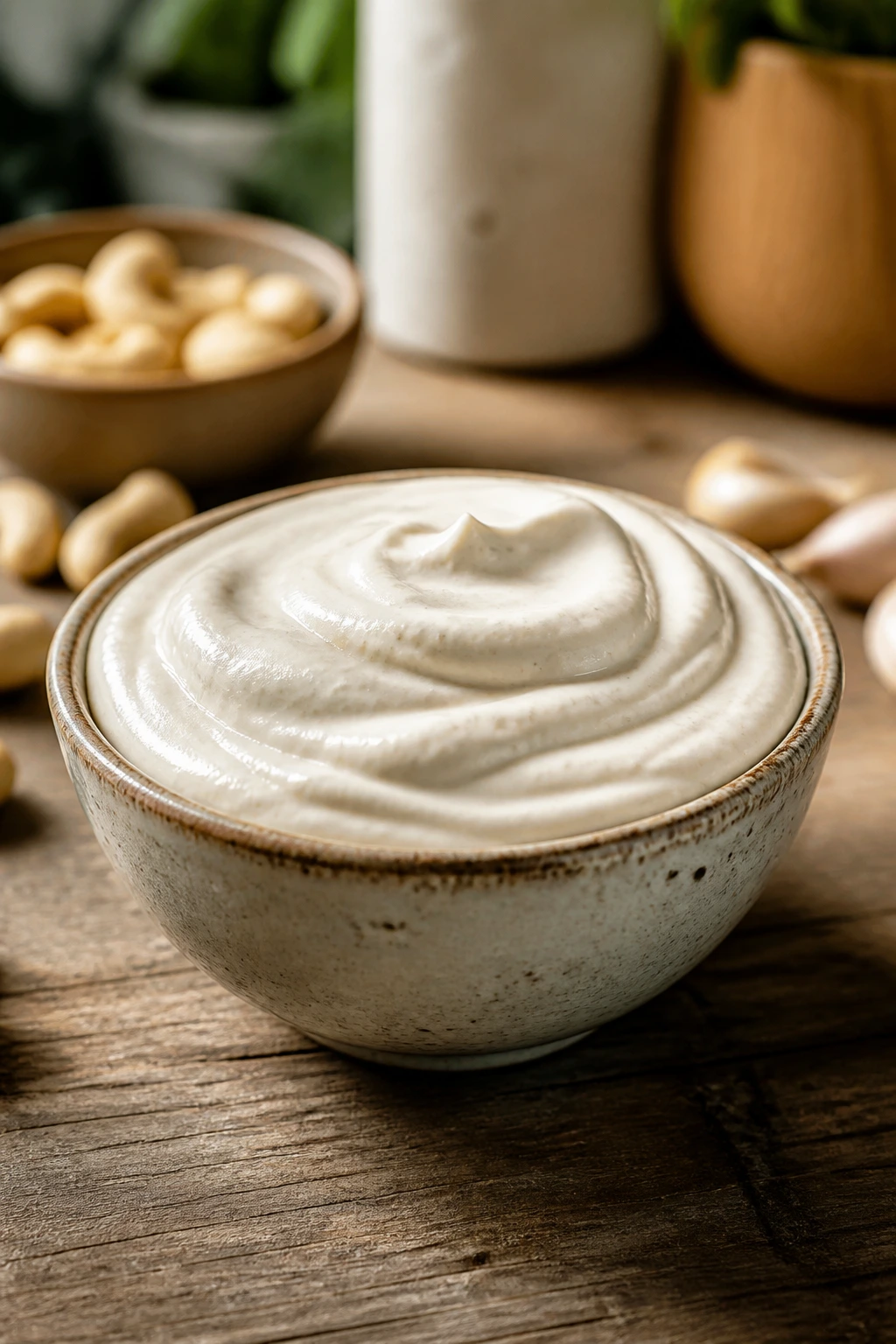 Dairy-free cashew cream in a small dish on a wooden surface